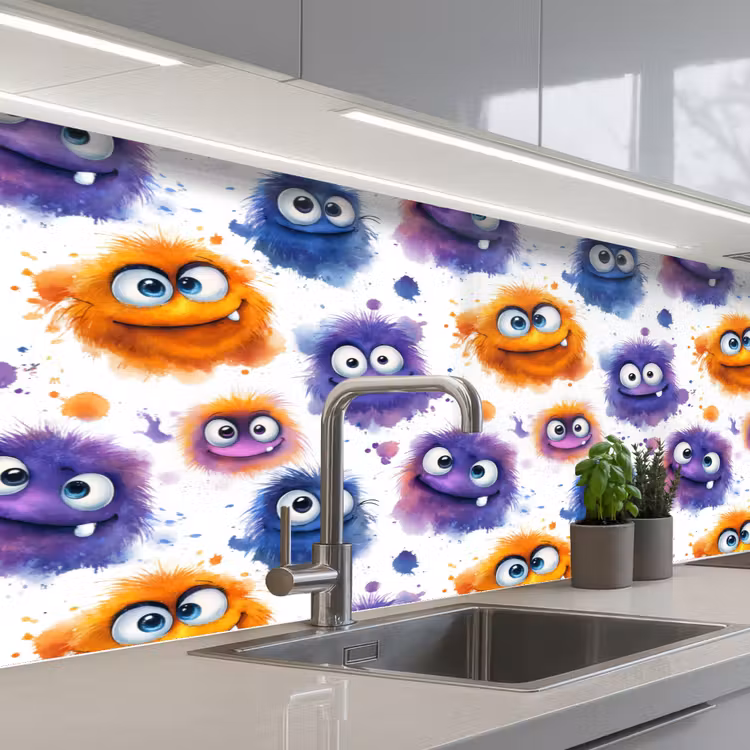 Monstertjes - Aquarel - Kleurrijk keuken achterwand 2 middel 871 -3d_schuin