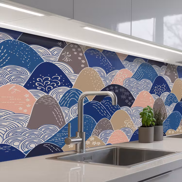 Berg - Pastel - Japans - Patronen keuken achterwand 2 middel 871 -3d_schuin