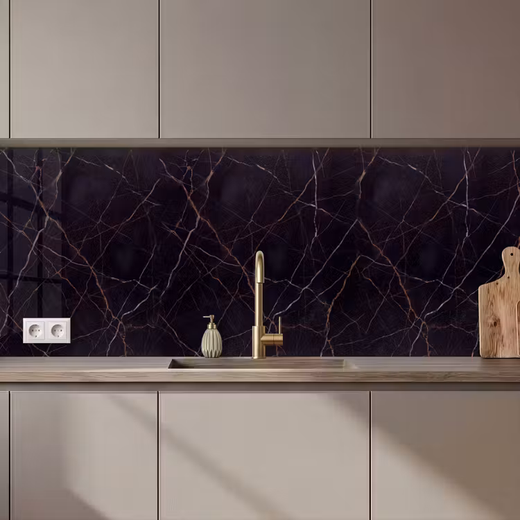 Natuursteen - Marmerpatroon - Abstract - Modern - Zwart - Goud keuken achterwand 2 middel zz_3dshopping