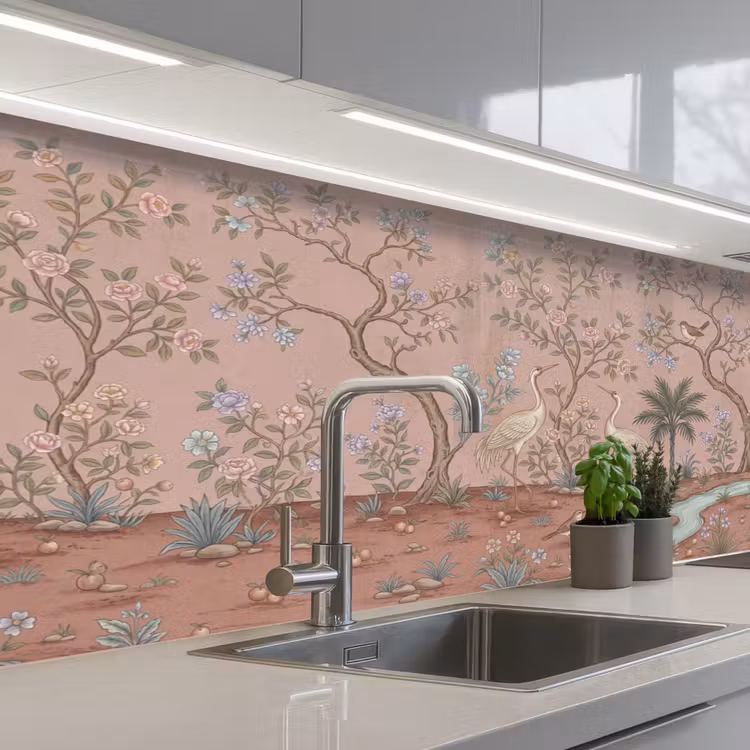 Nostalgisch - Reigers - Roze keuken achterwand 2 middel -3d_schuin