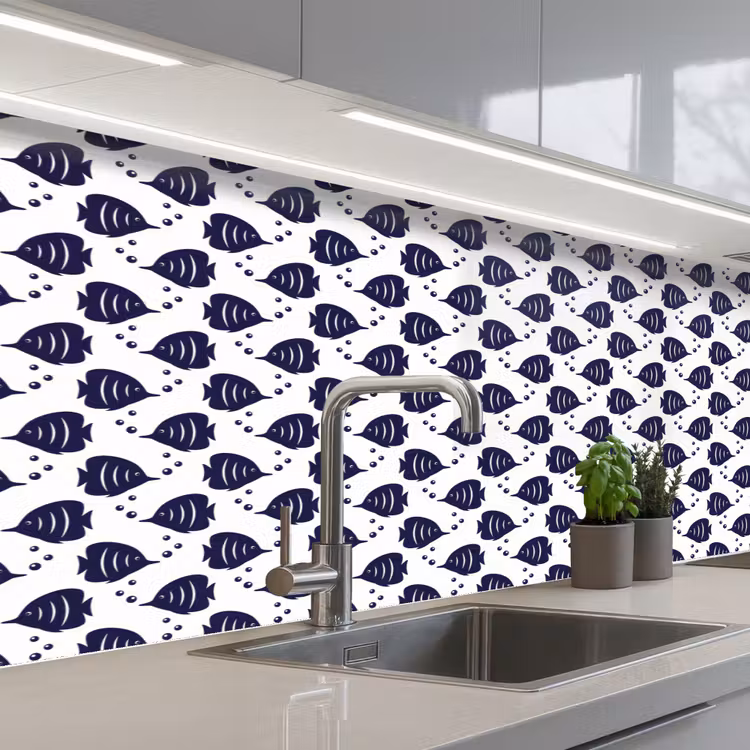Oceaan - Vis - Blauw - Wit keuken achterwand 2 middel 871 -3d_schuin