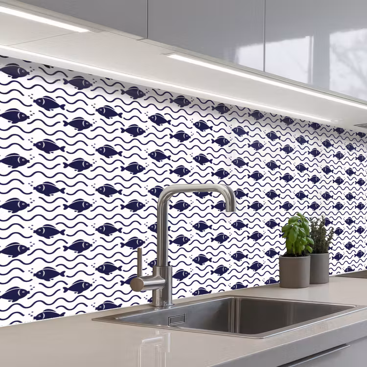 Oceaan - Visachtig - Blauw - Wit keuken achterwand 2 middel 871 -3d_schuin