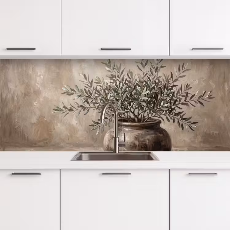 Olijfplant - Aardenpot - Abstract - Beige keuken achterwand 2 middel -3d