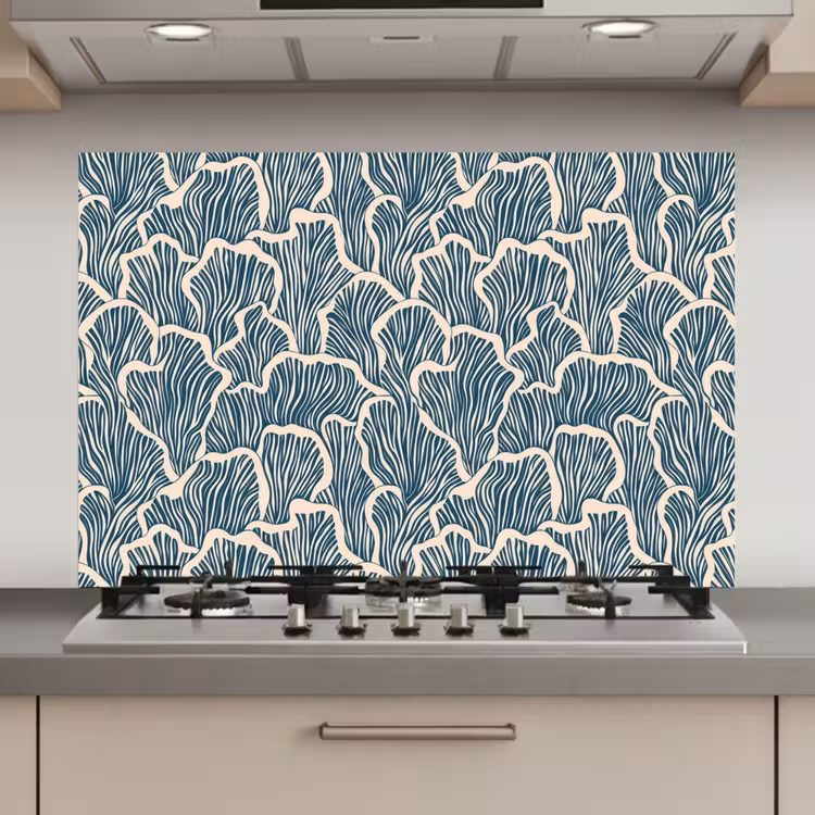 Organisch - Blauw - Crème - Schelpen keuken achterwand spatscherm klein 900 -3d_website