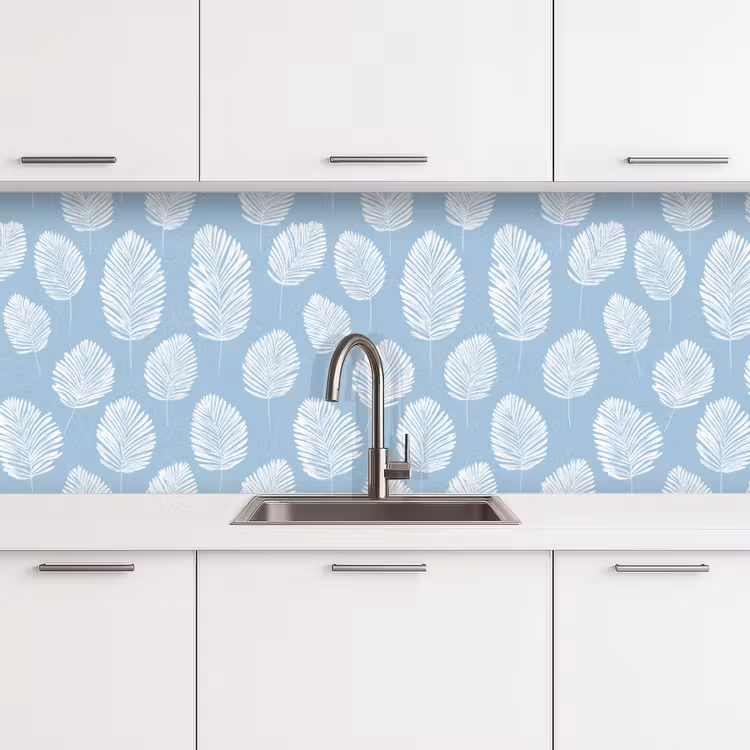 Palmbladeren - Naadloos - Patroon - Pastelblauw keuken achterwand 2 middel 871 -3d