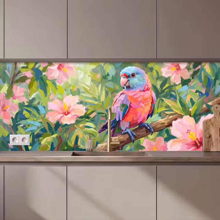 Papagaai - Hibiscusbloemen - Kleurrijk keuken achterwand 2 middel zz_3dshopping