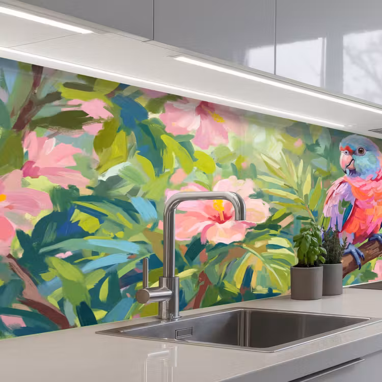 Papagaai - Hibiscusbloemen - Kleurrijk keuken achterwand 2 middel -3d_schuin