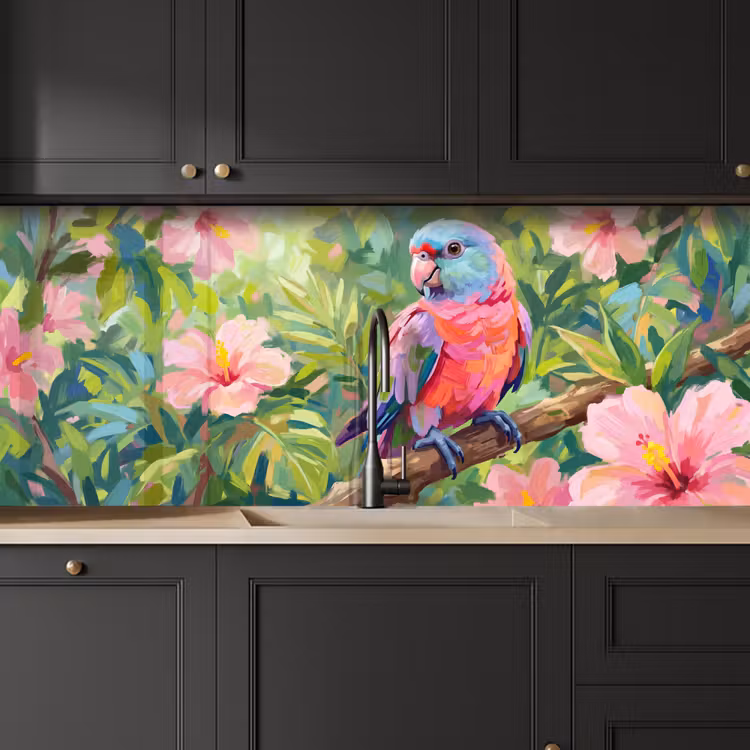 Papagaai - Hibiscusbloemen - Kleurrijk keuken achterwand 2 middel -sfeer1