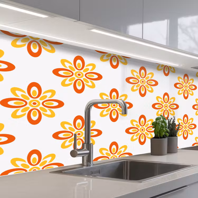 Patroon - Jaren 70 - Bloemen - Oranje keuken achterwand 2 middel 871 -3d_schuin