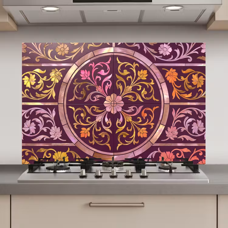 Patroon - Floraal - Oosters - Paars - Goud keuken achterwand spatscherm klein -3d_website