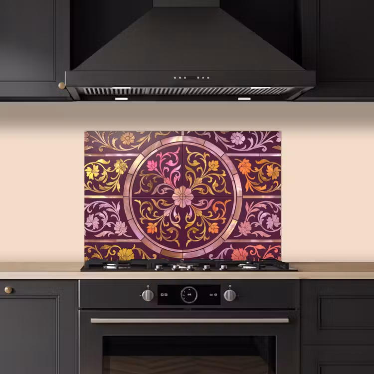 Patroon - Floraal - Oosters - Paars - Goud keuken achterwand spatscherm klein -sfeer1
