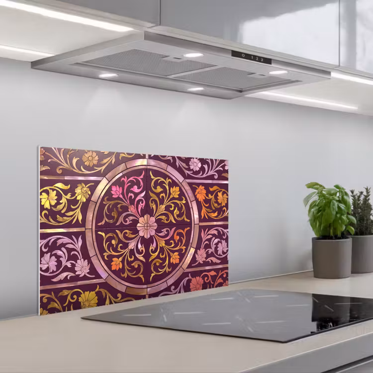 Patroon - Floraal - Oosters - Paars - Goud keuken achterwand spatscherm klein -3d_schuin