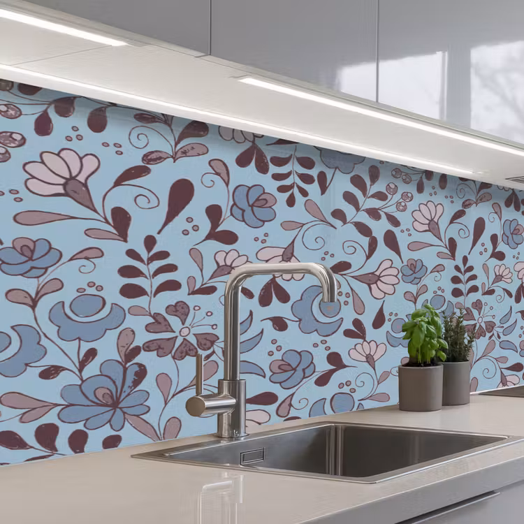 Patroon - Bloem - Grijs - Blauw keuken achterwand 2 middel 871 -3d_schuin