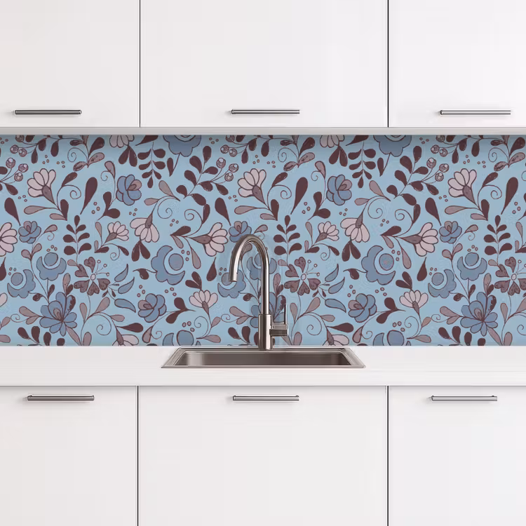 Patroon - Bloem - Grijs - Blauw keuken achterwand 2 middel 871 -3d