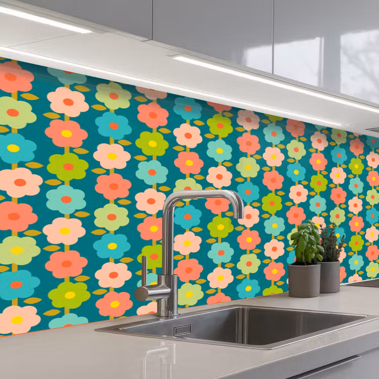 Patroon - Bloemen - Retro - Jaren 70 keuken achterwand 2 middel 871 -3d_schuin