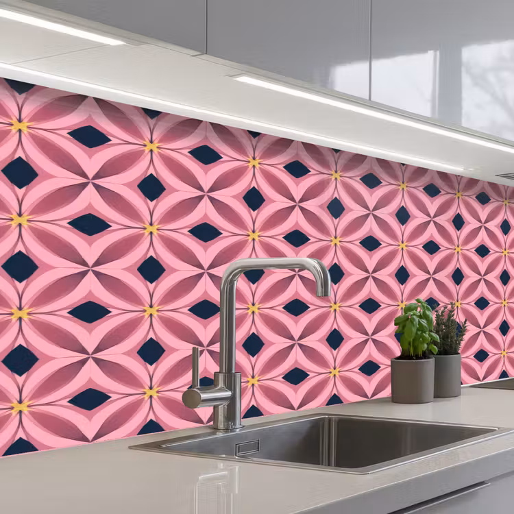 Patroon - Bloemblaadjes - Roze - Blauw keuken achterwand 2 middel 871 -3d_schuin
