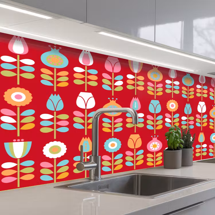 Patronen - Bloemen - Retro - Rood keuken achterwand 2 middel 871 -3d_schuin