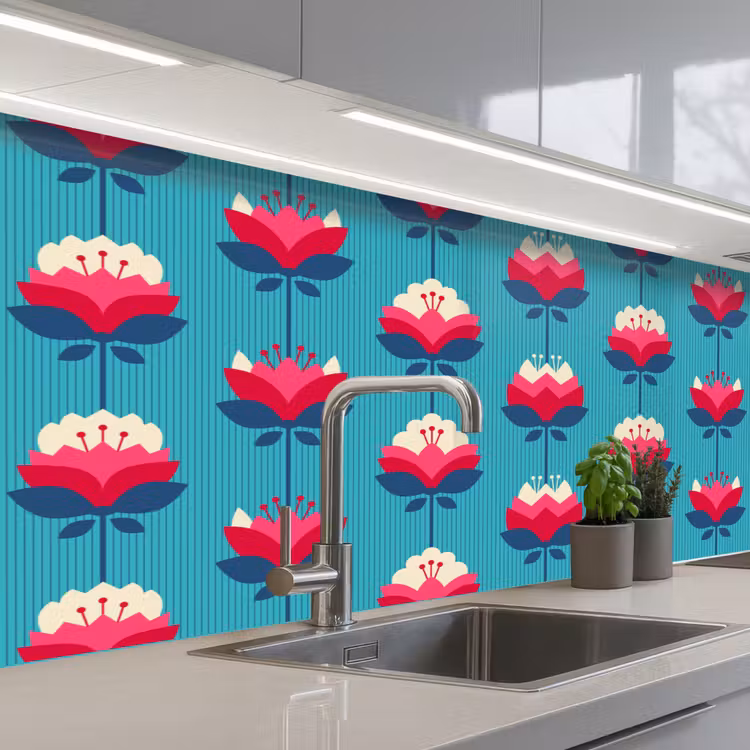 Patronen - Retro - Bloemen - Lelie keuken achterwand 2 middel 871 -3d_schuin