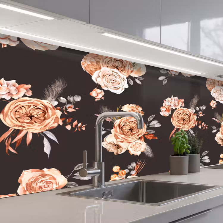 Patronen - Rozen - Zwart keuken achterwand 2 middel 871 -3d_schuin