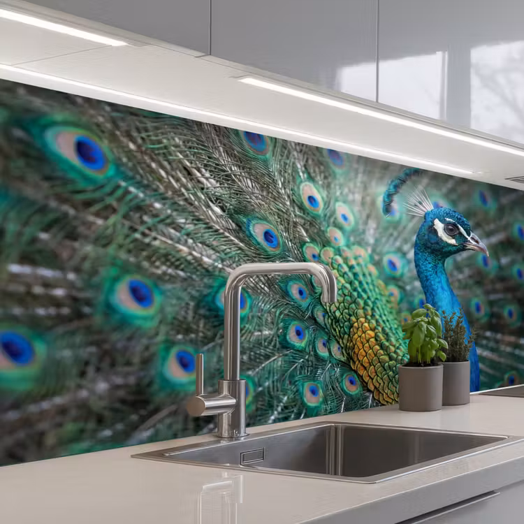 Pauw - Veren - Blauw keuken achterwand 2 middel -3d_schuin