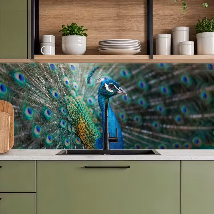Pauw - Veren - Blauw keuken achterwand 2 middel -sfeer3