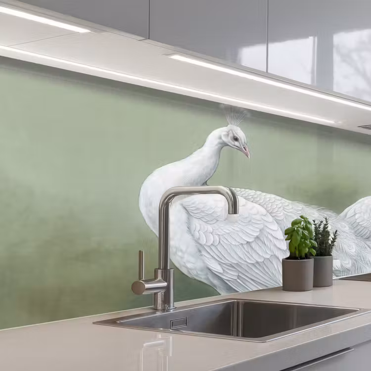 Pauwen - Wit - Natuur - Groen keuken achterwand 2 middel -3d_schuin