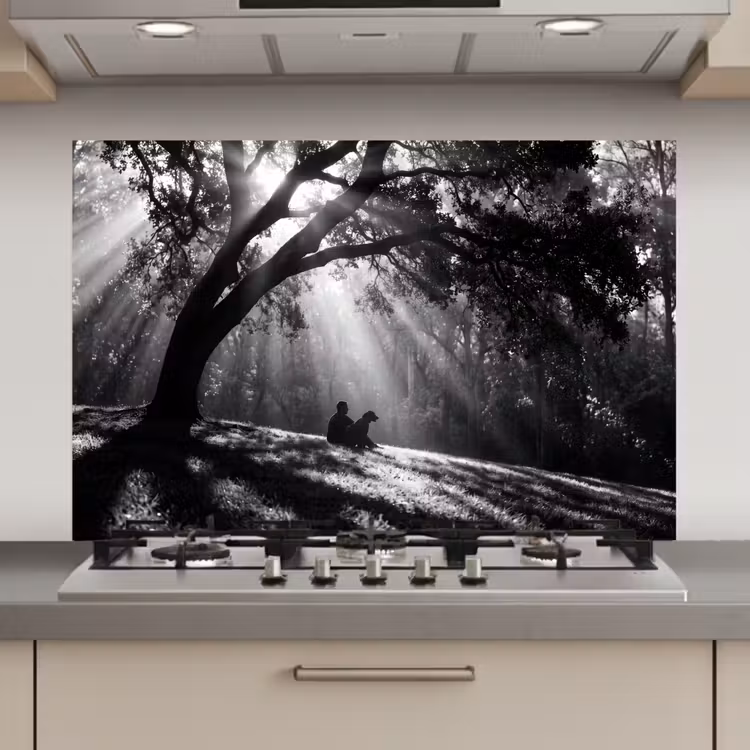 Mens - Hond - Natuur - Zwart-wit - Silhouet keuken achterwand spatscherm klein -3d_website