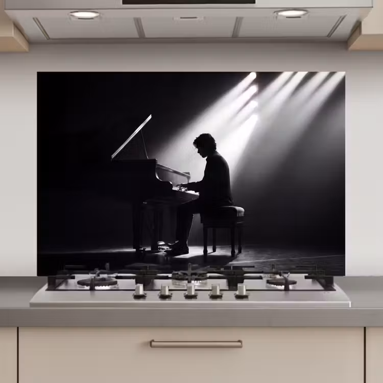 Persoon - Piano - Muziek - Zwart-wit - Podium keuken achterwand spatscherm klein -3d_website