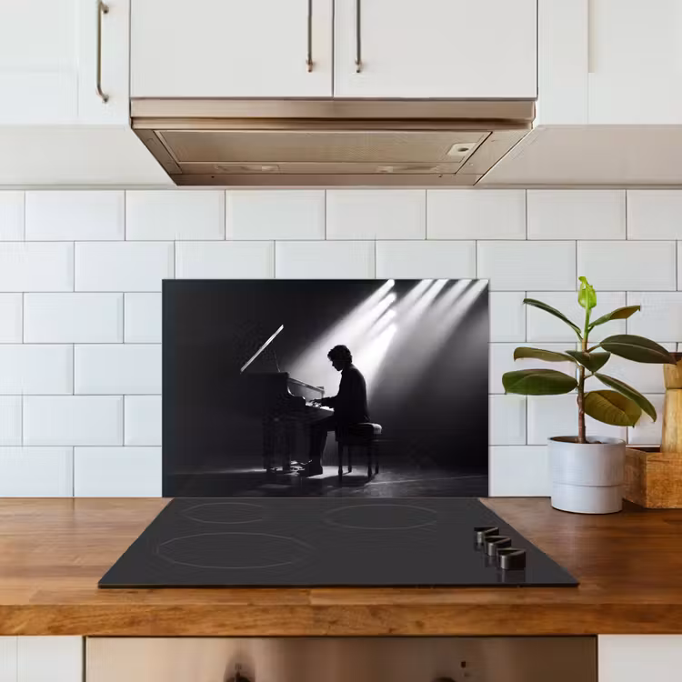 Persoon - Piano - Muziek - Zwart-wit - Podium keuken achterwand spatscherm klein -sfeer2