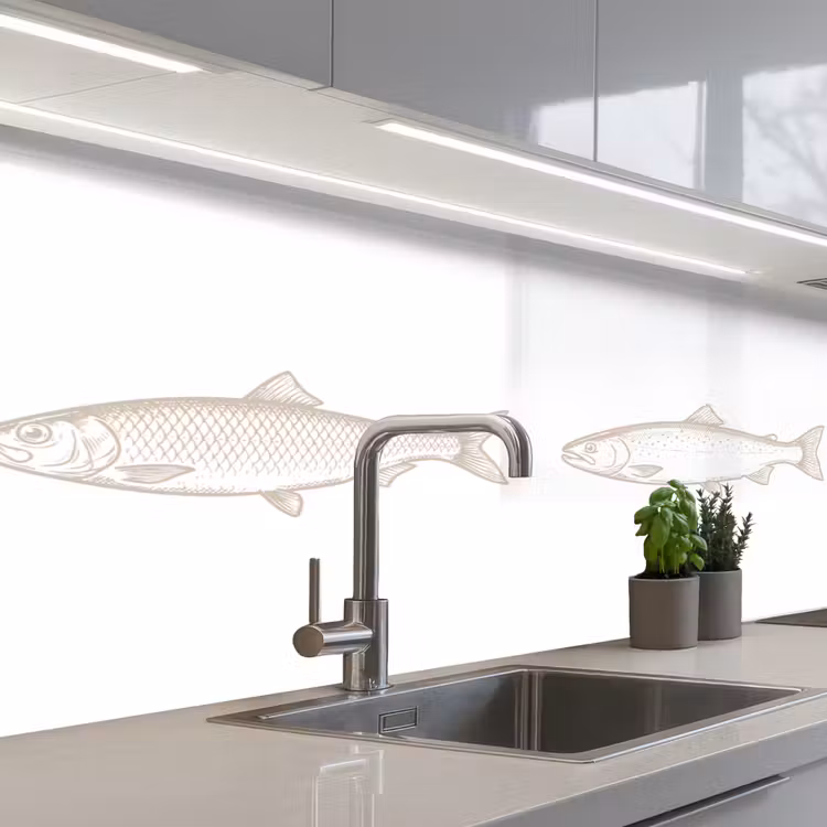 Vissen - Wit - Beige keuken achterwand 2 middel -3d_schuin