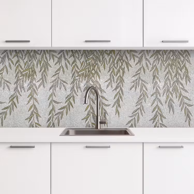 Planten - Mozaïek - Patroon - Groen - Blauw keuken achterwand 2 middel -3d