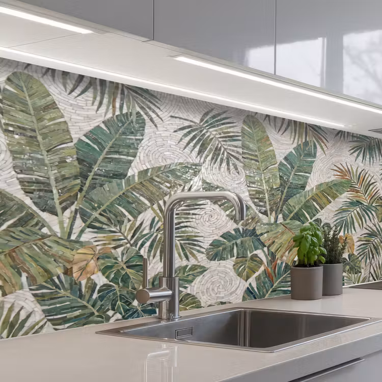Planten - Tropisch - Mozaïek - Natuur - Groen keuken achterwand 2 middel -3d_schuin