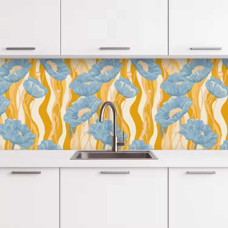 Papavers - Botanisch - Blauw keuken achterwand 2 middel 871 -3d