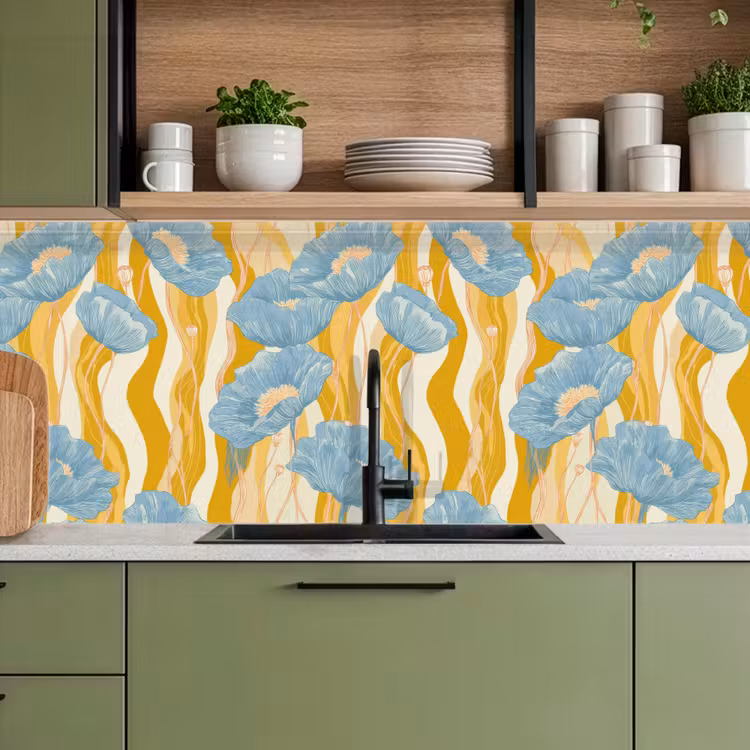 Papavers - Botanisch - Blauw keuken achterwand 2 middel 871 -sfeer3
