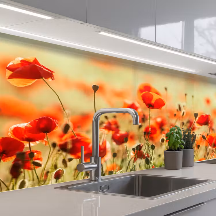 Klaprozen - Bloemen - Rood - Bloemenveld keuken achterwand 2 middel -3d_schuin