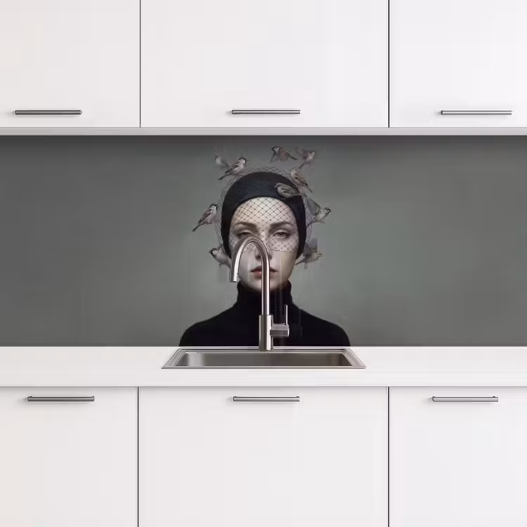 Portret - Vogels - Zwart keuken achterwand 2 middel -3d