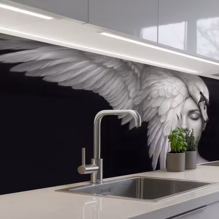 Portret - Zwaan - Zwart - Wit keuken achterwand 2 middel -3d_schuin