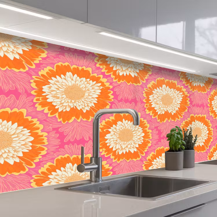 Retro - Bloemen - Kleurrijk keuken achterwand 2 middel 871 -3d_schuin