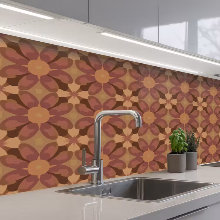 Retro - Bloemen - Bruin keuken achterwand 2 middel 871 -3d_schuin
