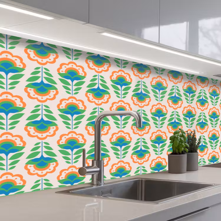 Retro - Bloemen - Design - Groen - Oranje keuken achterwand 2 middel 871 -3d_schuin