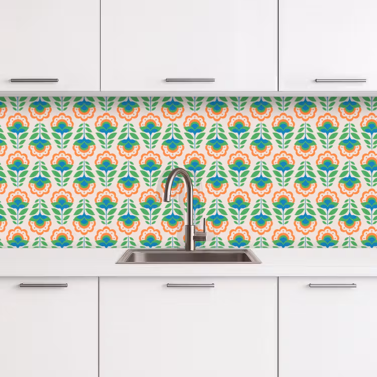 Retro - Bloemen - Design - Groen - Oranje keuken achterwand 2 middel 871 -3d