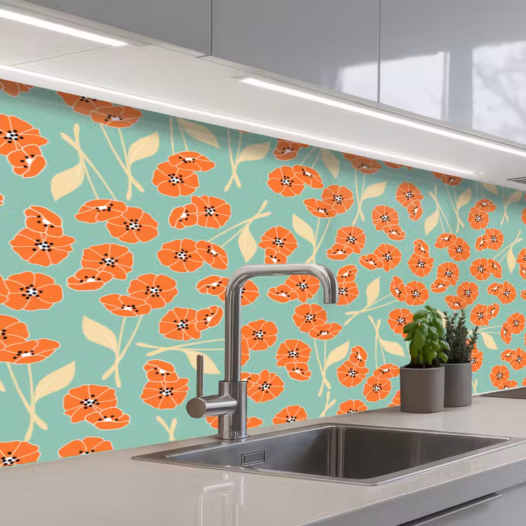 Retro - Bloemen - Design - Oranje keuken achterwand 2 middel 871 -3d_schuin
