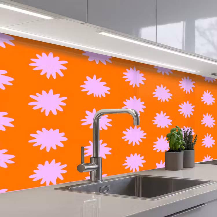 Retro - Bloemen - Oranje keuken achterwand 2 middel 871 -3d_schuin