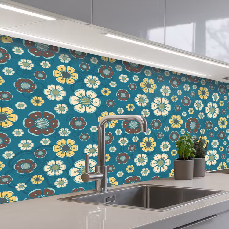 Retro - Bloemen - Patronen - Blauw keuken achterwand 2 middel 871 -3d_schuin