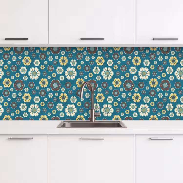 Retro - Bloemen - Patronen - Blauw keuken achterwand 2 middel 871 -3d