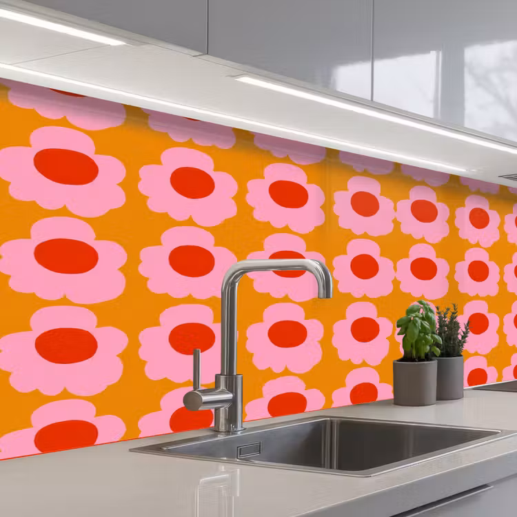 Retro - Bloemen - Roze keuken achterwand 2 middel 871 -3d_schuin