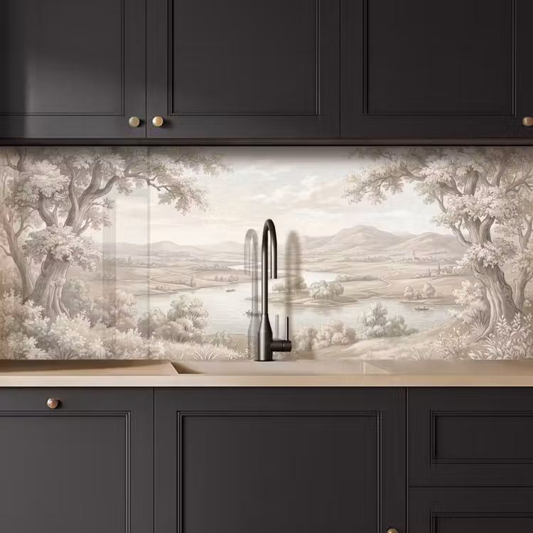 Rivierlandschap - Bergen - Natuur - Vintage - Beige keuken achterwand 2 middel -sfeer1