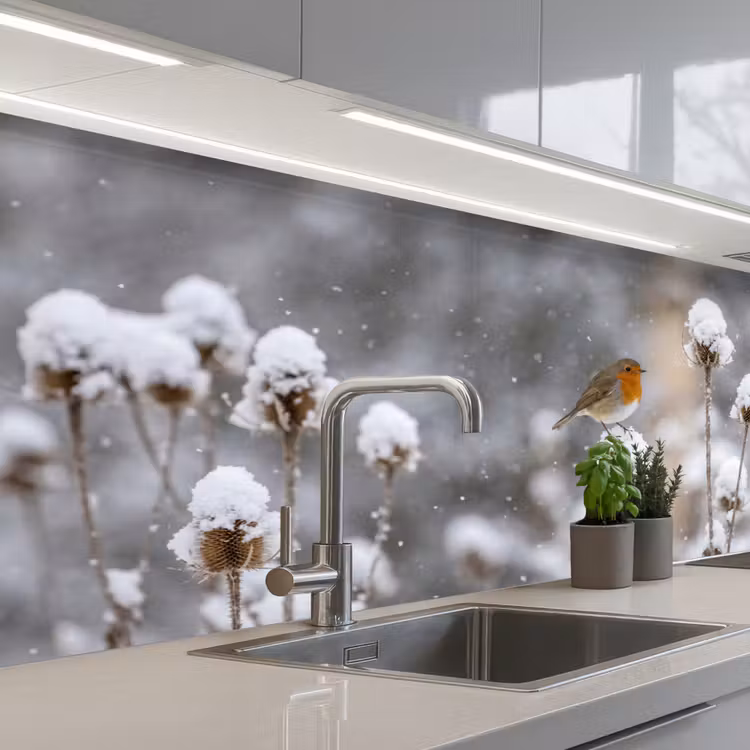 Roodborstje - Gedroogde bloem - Sneeuw - Winter - Vertederend keuken achterwand 2 middel -3d_schuin