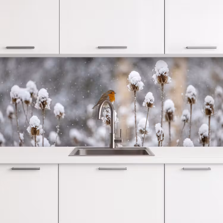 Roodborstje - Gedroogde bloem - Sneeuw - Winter - Vertederend keuken achterwand 2 middel -3d