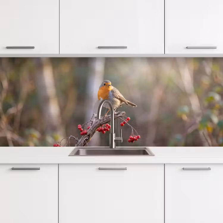 Roodborst - Tak - Bessen - Natuur keuken achterwand 2 middel -3d